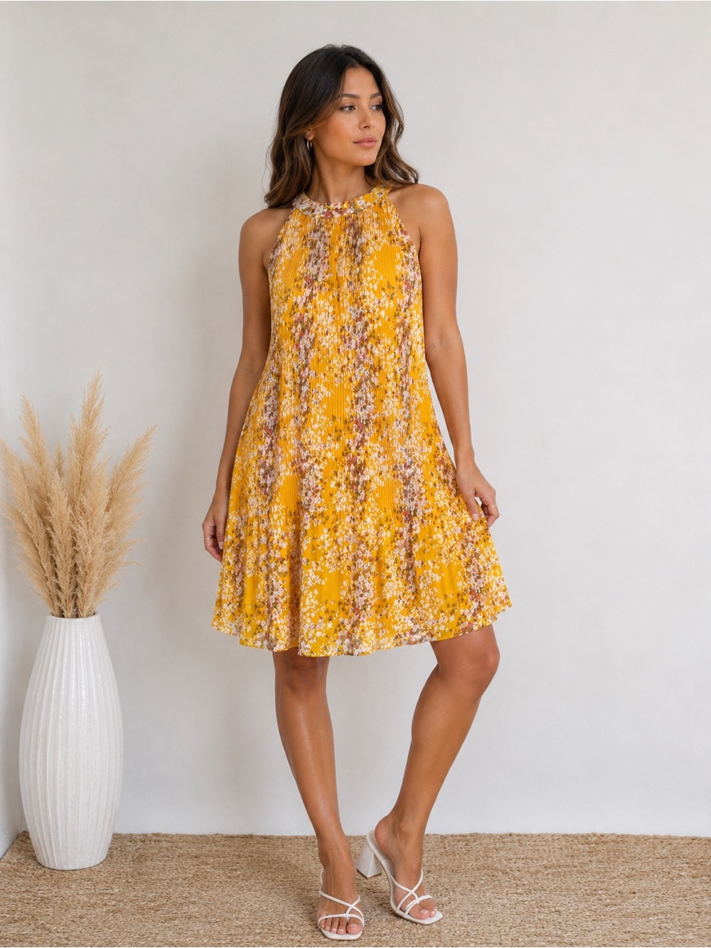 Maison d’Amélie Paris Yellow Floral Pleated Swing Dress Size Large Sleeveless